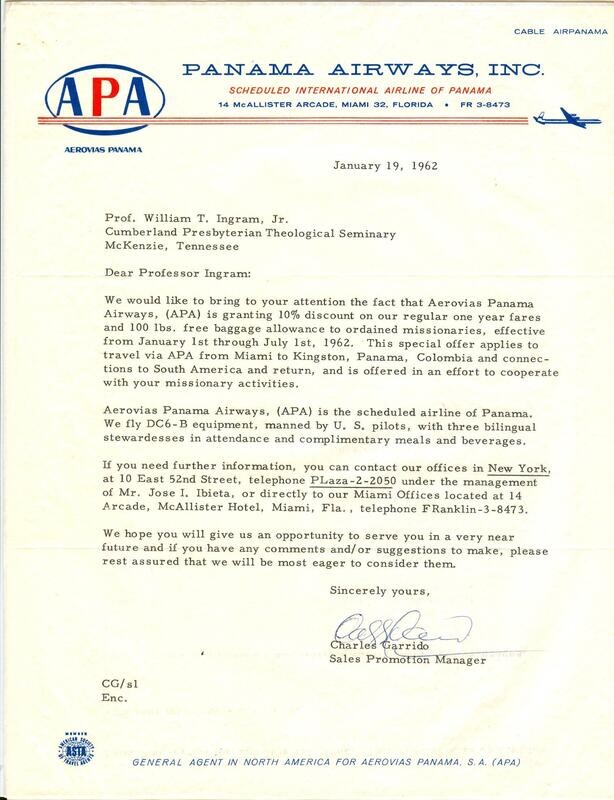 Aerovias Panama Airways - promotional letter, January 19, 1962
