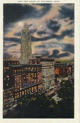 1930s Linen Postcard: The Heart of Columbus, Ohio - at night