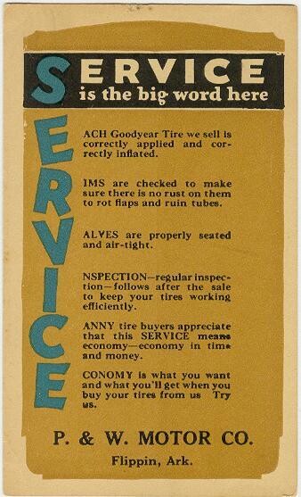 1920s: Service is the Big Word Here P &amp; W Motor Co., Flippin, Arkansas postcard