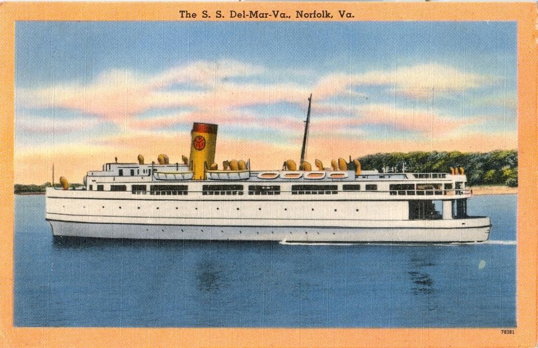 1950s LINEN - S.S. Del-Mar-Va, Norfolk, Virginia (1933) Virginia Ferry Corp.