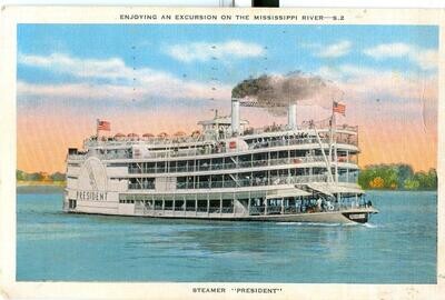 1938 LINEN postcard - Steamer President, Enjoying an Excursion Mississippi River