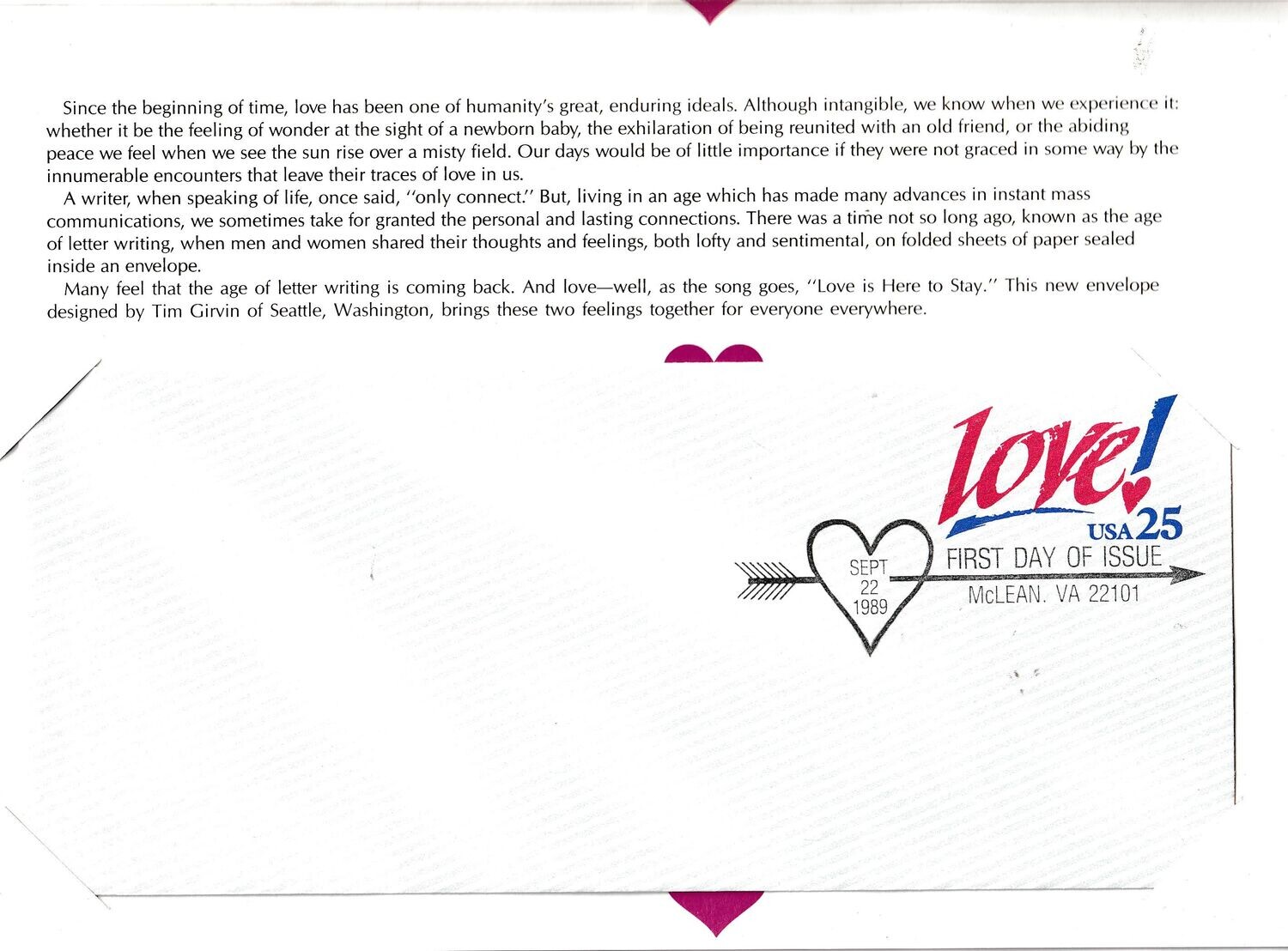 25¢ Love prepaid envelope FDC in folder 1989 Scott U616