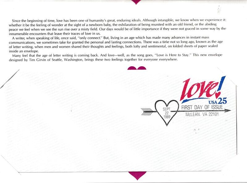 25¢ Love prepaid envelope FDC in folder 1989 Scott U616