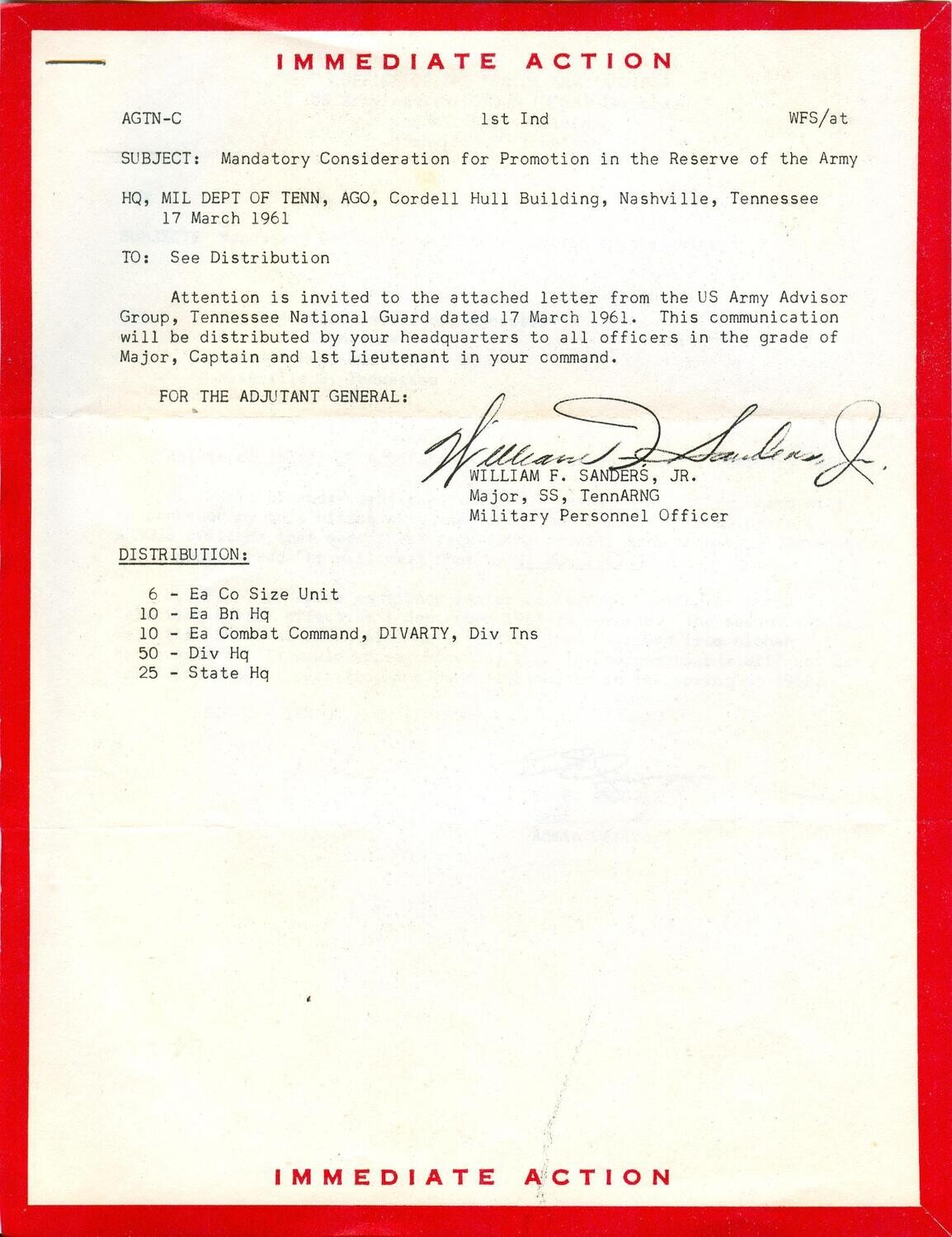 US Army - Immediate Action letter, 1961 Mandatory Consideration for Promotion