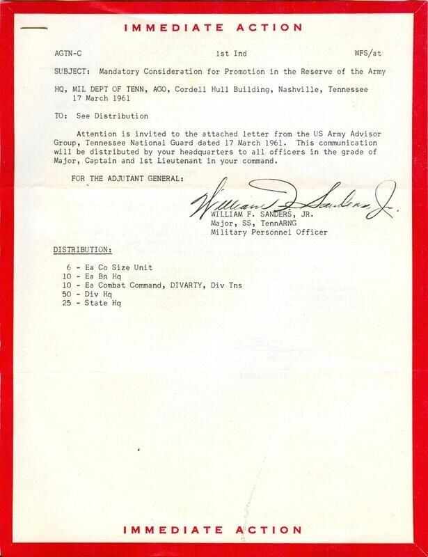 US Army - Immediate Action letter, 1961 Mandatory Consideration for Promotion