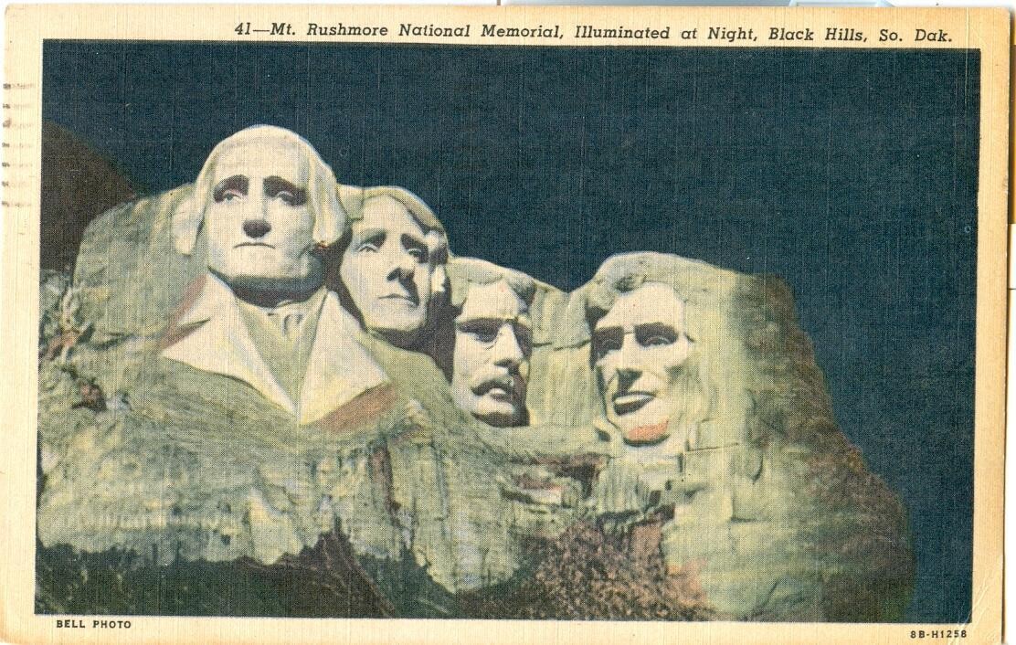 1948 Linen - Mt. Rushmore National Memorial, Illuminated at Night, Black Hills