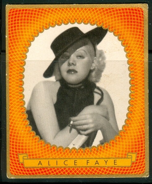 1937: Alice Faye - large portrait cigarette card #424