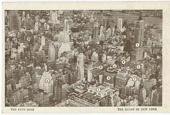 The Penn Zone - Heart of New York - 1940s aerial view postcard
