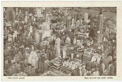 The Penn Zone - Heart of New York - 1940s aerial view postcard