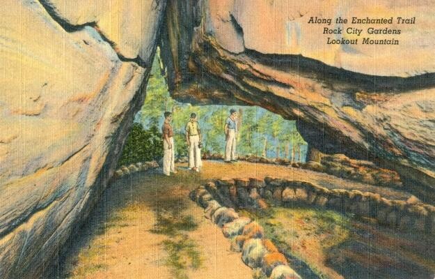 LINEN Postcard 1938: Along the Enchanted Trail Rock City Gardens