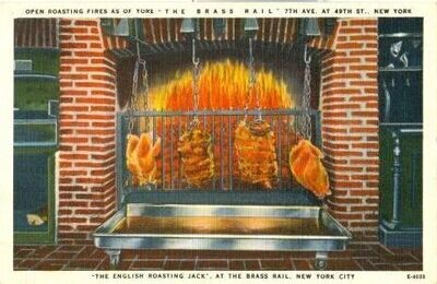 c. 1950 Linen PC: The Brass Rail restaurant, New York City, English Roasting Jack