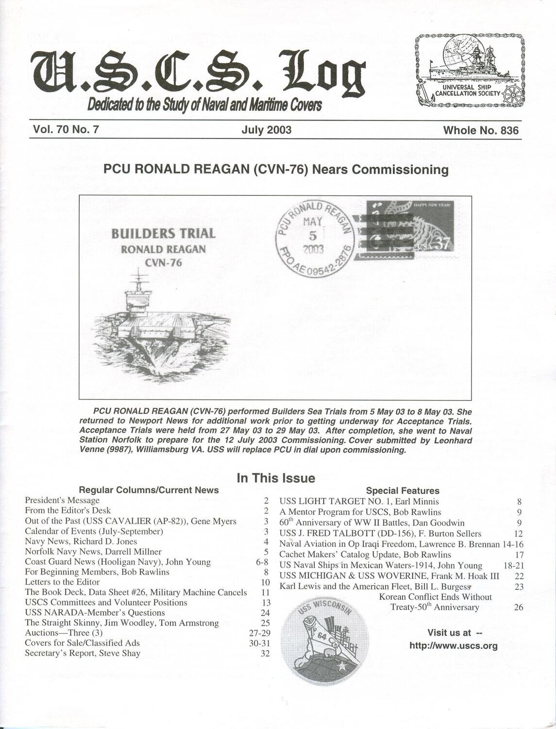 Universal Ship Cancellation Society Log #836 - July 2003
