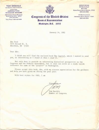 South Dakota: Senator Tom Daschle - 1982, signed Tom on letterhead!