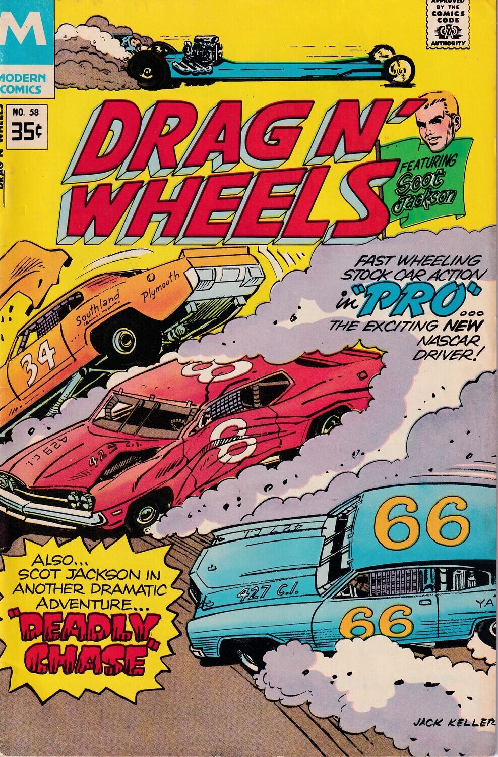 Drag n&#39; Wheels #58, Modern Comics, 1978 35¢ cover by Jack Keller
