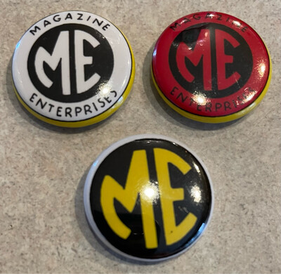 Magazine Enterprises black on red .75” pin-back button. $1.50