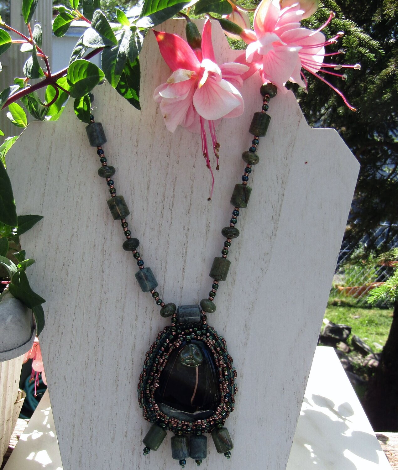 Green Druzy  Beaded Necklace