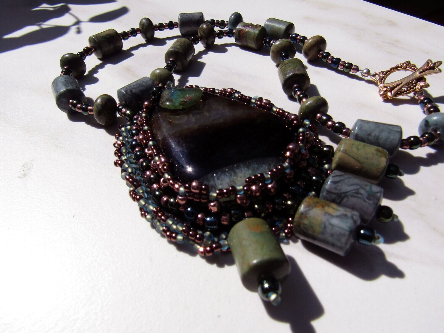 Green Druzy  Beaded Necklace
