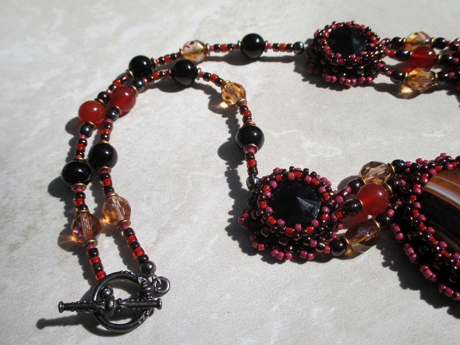 Rusted Red Agate Bead Embroidery Necklace