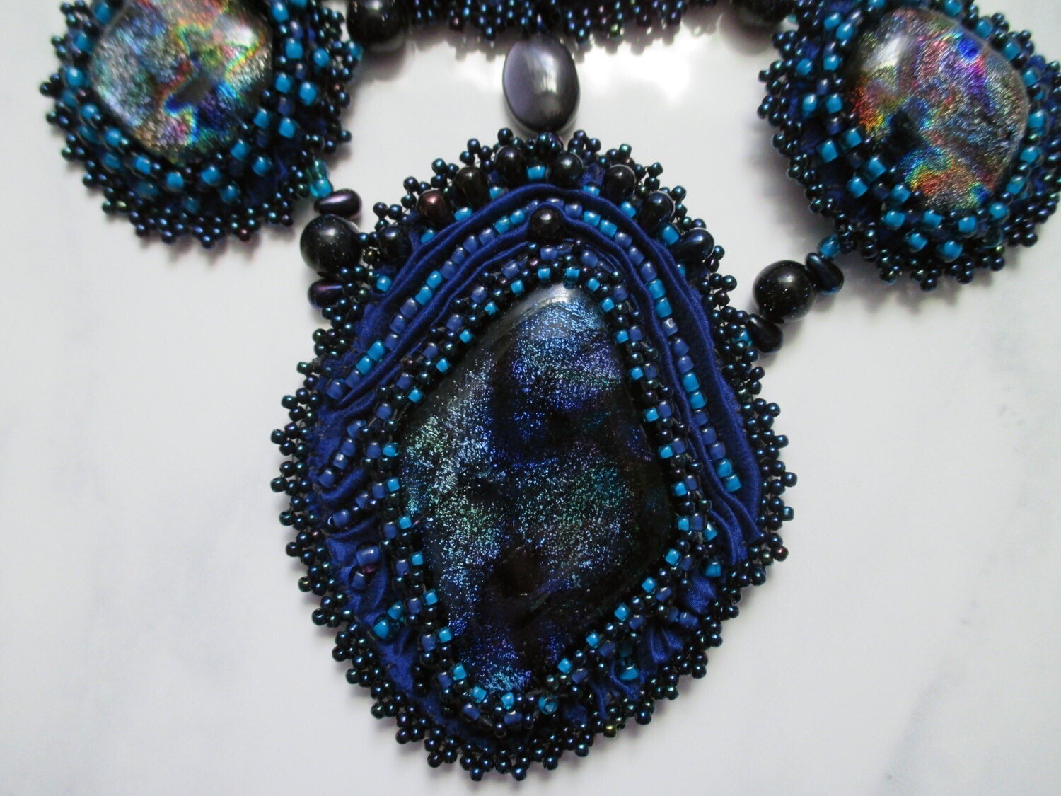 Twilight Blue Shibori Dichroic Glass Cabochon Necklace