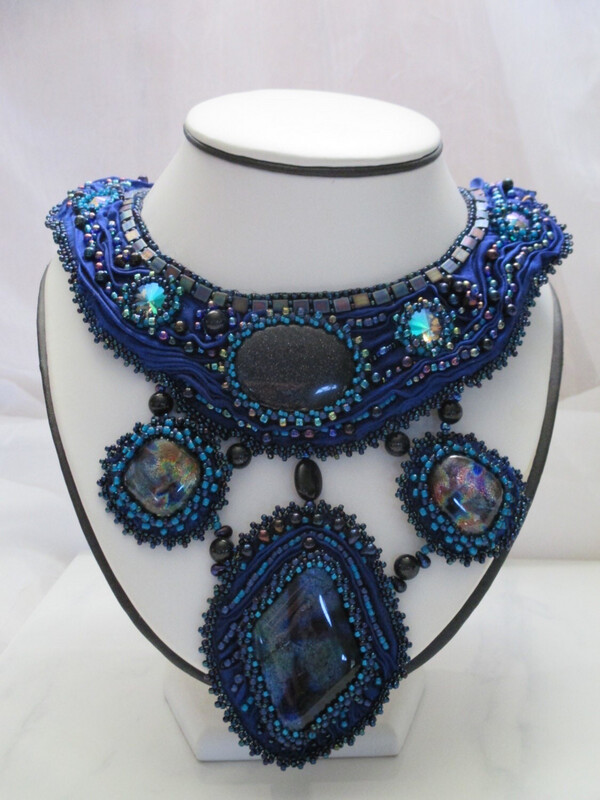 Twilight Blue Shibori Dichroic Glass Cabochon and Blue Sand Stone Necklace