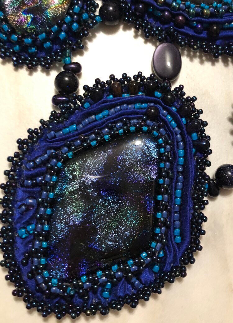Twilight Blue Shibori Dichroic Glass Cabochon Necklace