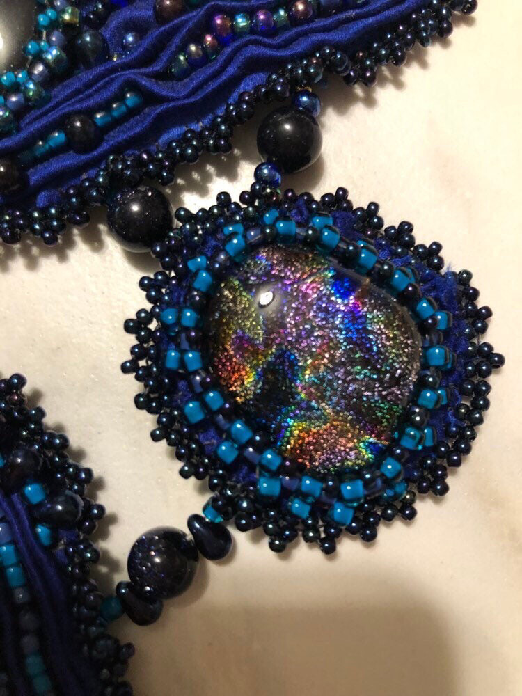 Twilight Blue Shibori Dichroic Glass Cabochon Necklace
