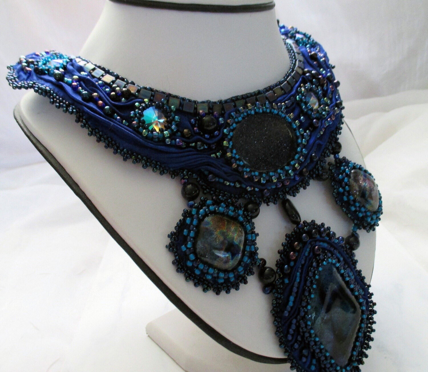 Twilight Blue Shibori Dichroic Glass Cabochon Necklace