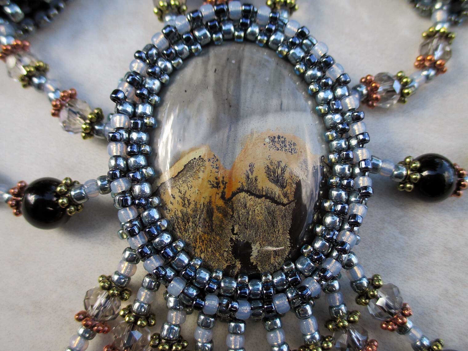Starry Nights Silver Gray Cabochon Beaded Necklace