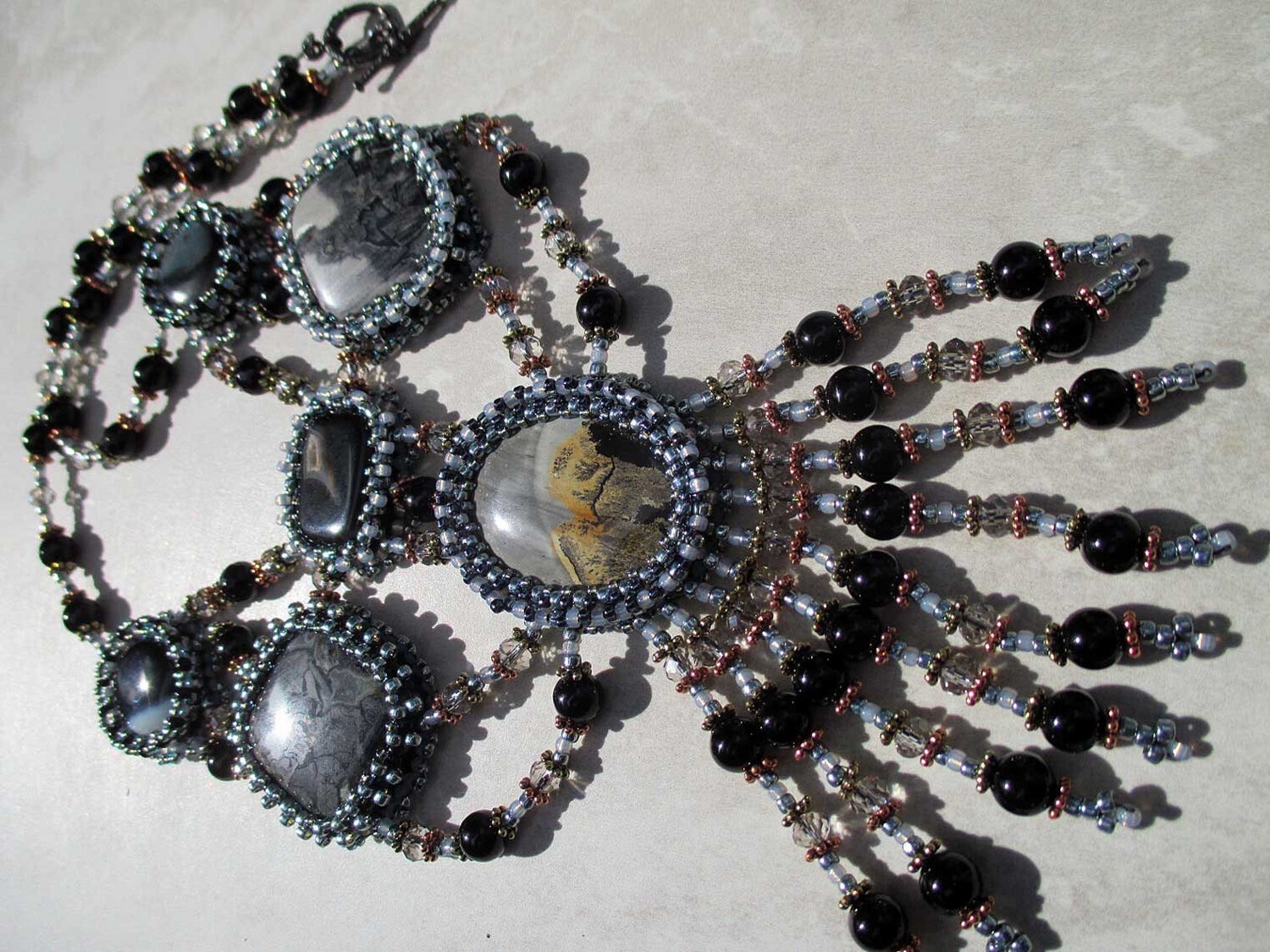 Starry Nights Silver Gray Cabochon Beaded Necklace