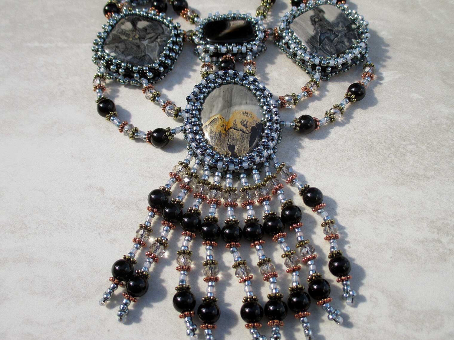 Starry Nights Silver Gray Cabochon Beaded Necklace
