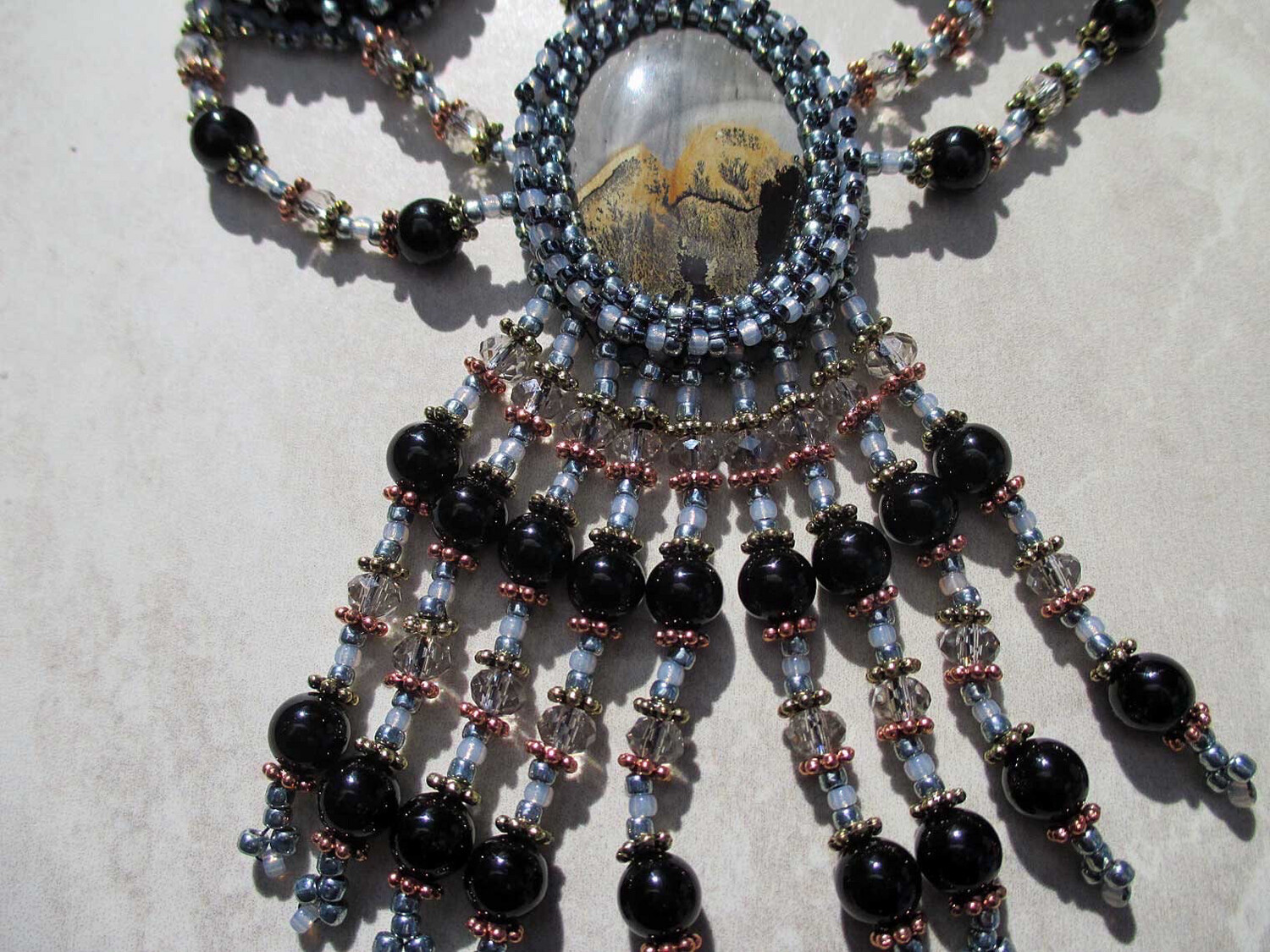 Starry Nights Silver Gray Cabochon Beaded Necklace