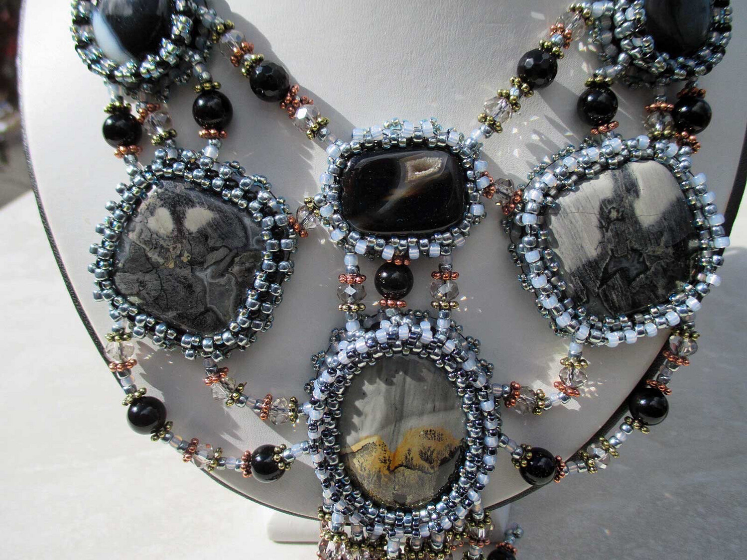 Starry Nights Silver Gray Cabochon Beaded Necklace