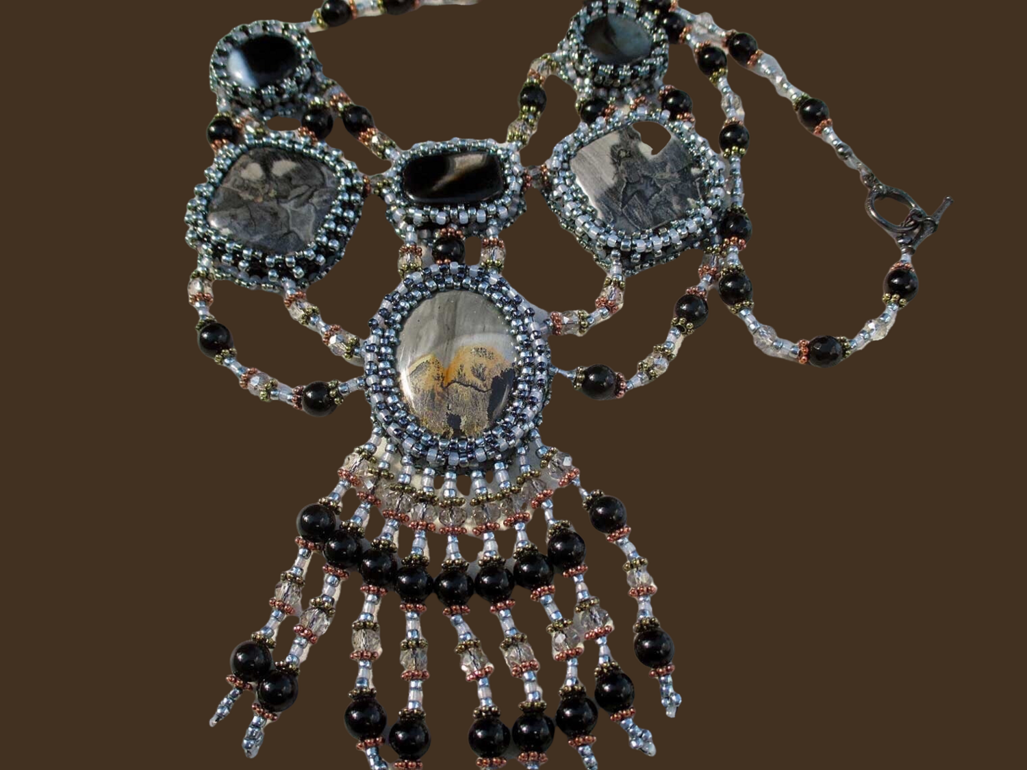 Starry Nights Silver Gray Cabochon Beaded Necklace