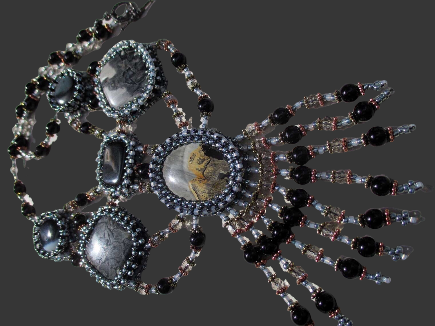 Starry Nights Silver Gray Cabochon Beaded Necklace