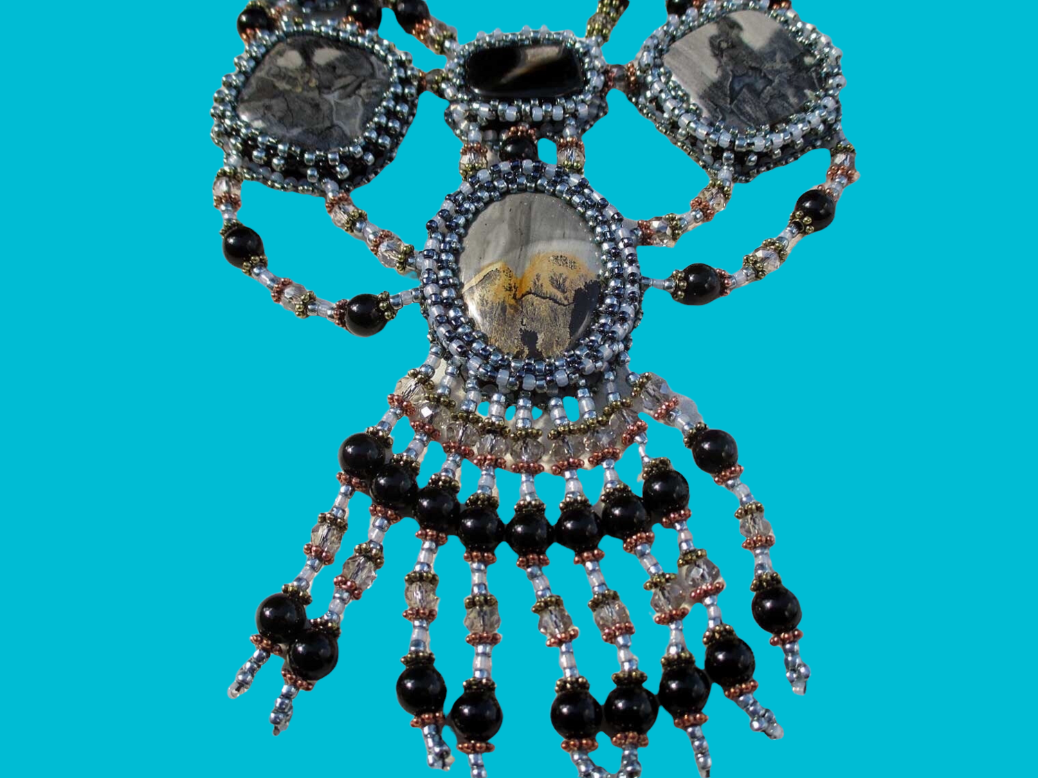 Starry Nights Silver Gray Cabochon Beaded Necklace