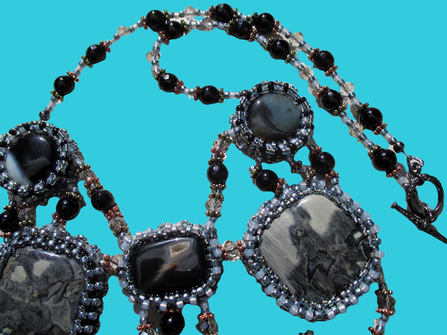Starry Nights Silver Gray Cabochon Beaded Necklace