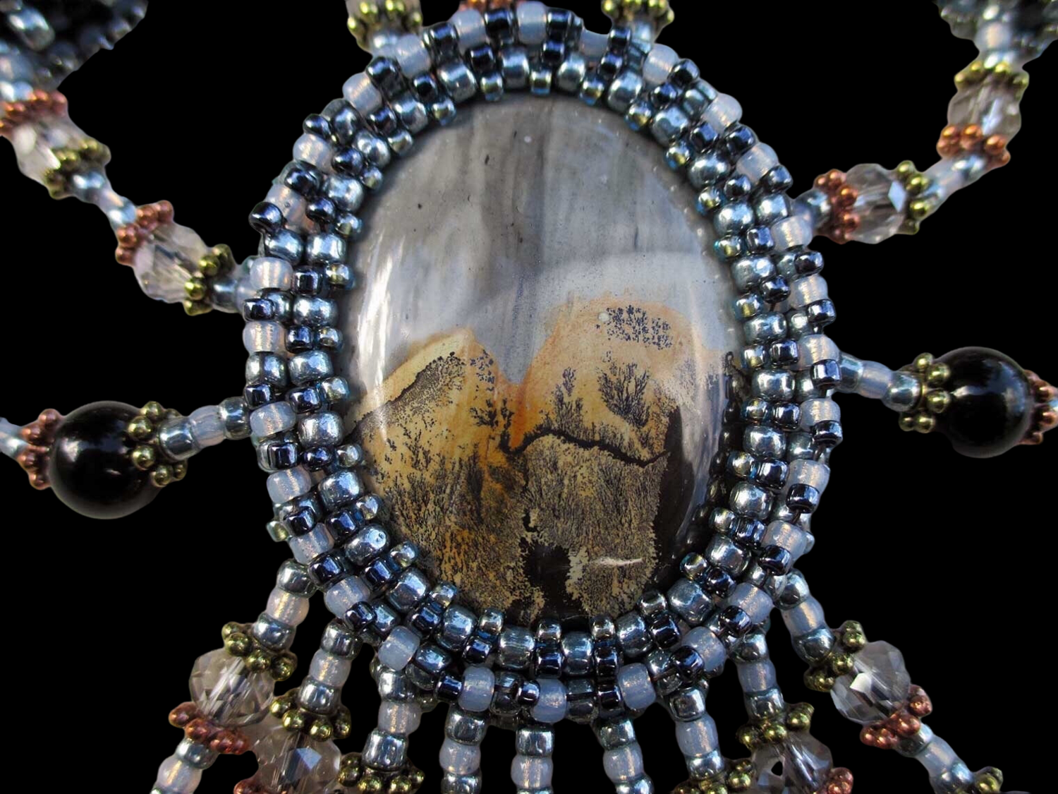 Starry Nights Silver Gray Cabochon Beaded Necklace