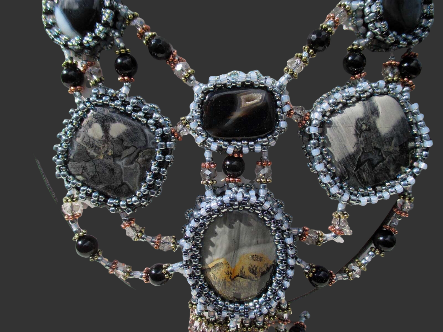 Starry Nights Silver Gray Cabochon Beaded Necklace
