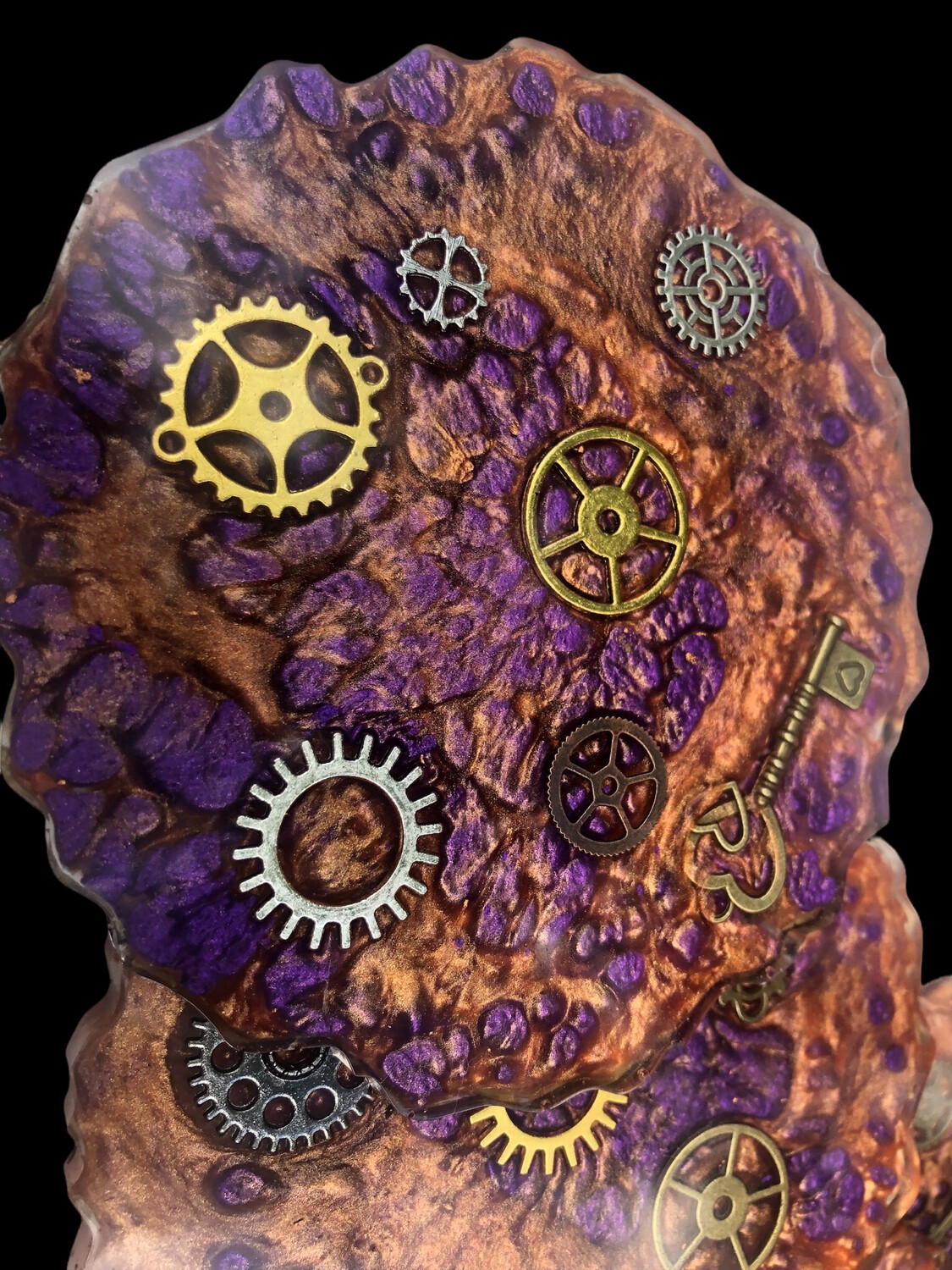 Geode Wild Purple And Gold Coaster With Steampunk Gears