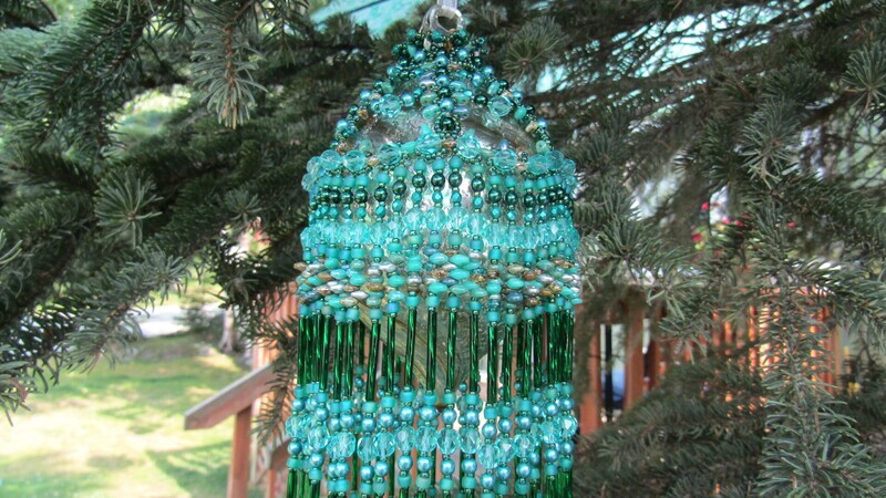 Pine Tree Green Beaded Christmas Ornament Beaded Cover with Glass Bulb