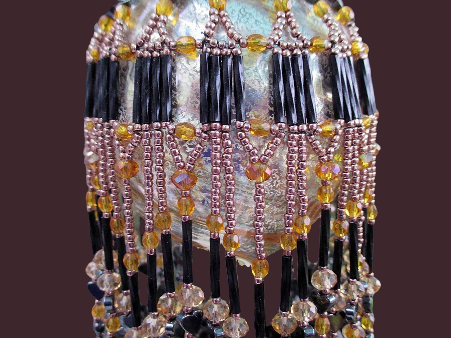 Hematite And Topaz Beaded Christmas Ornament And Glass Bulb