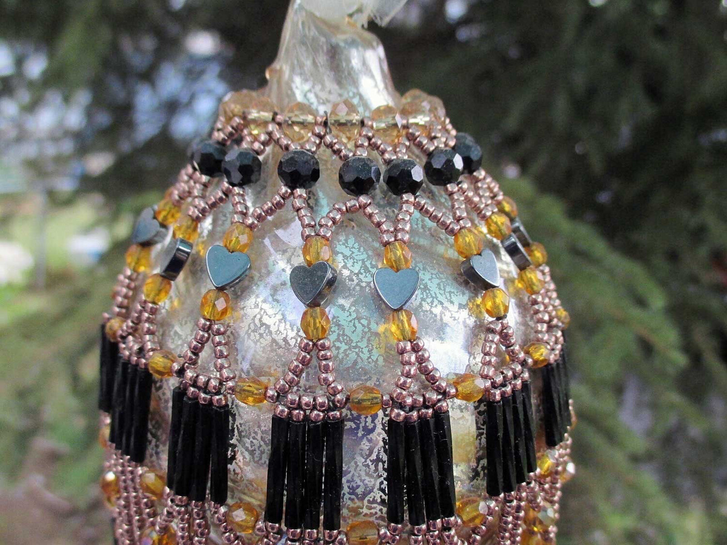 Hematite And Topaz Beaded Christmas Ornament And Glass Bulb