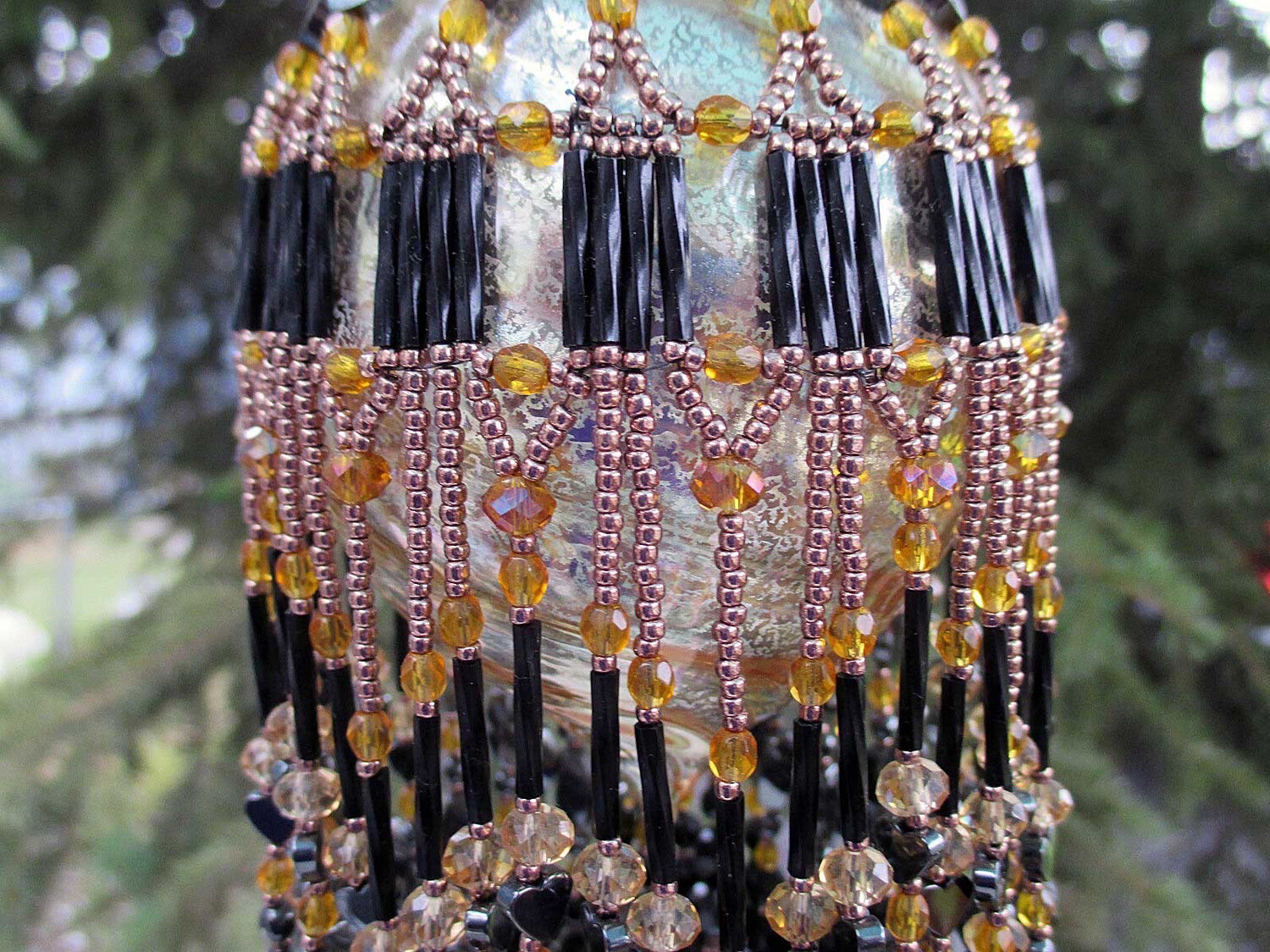 Hematite And Topaz Beaded Christmas Ornament And Glass Bulb