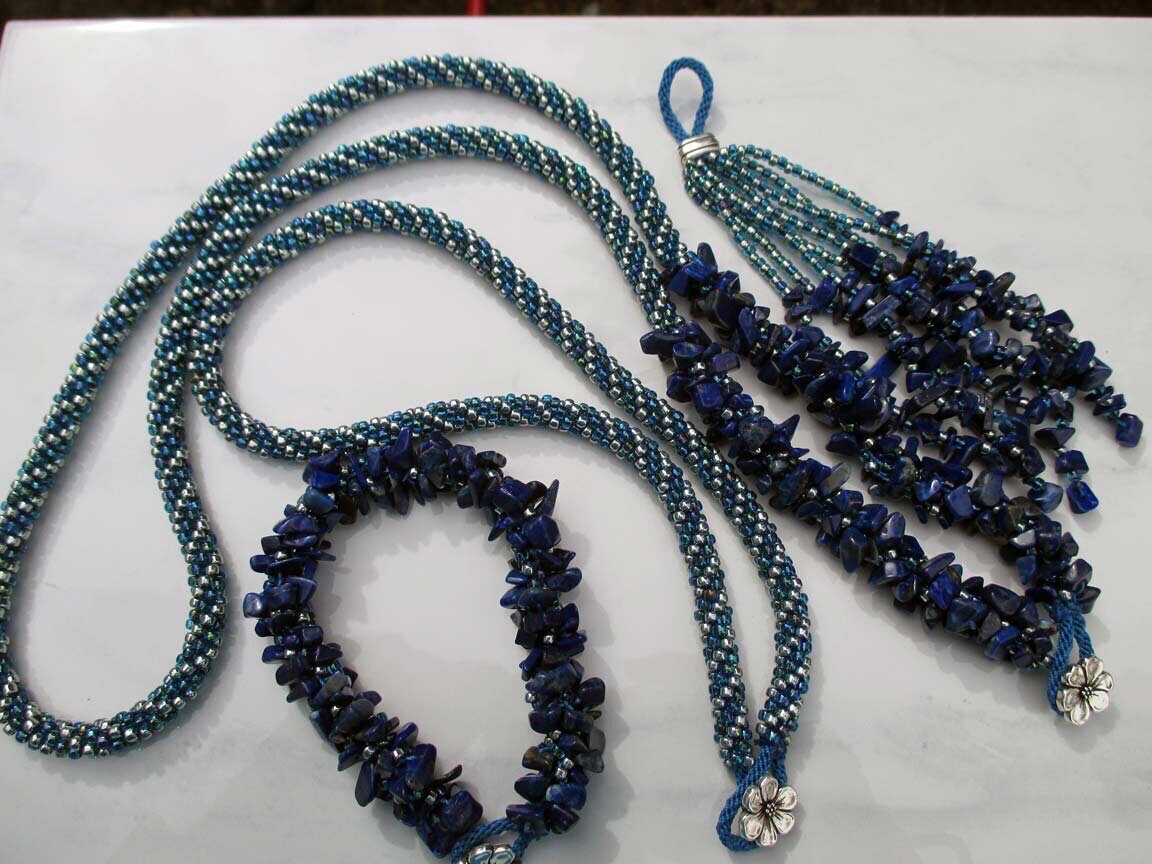 Lapis Chip Necklace and Bracelet Kumhimo Set