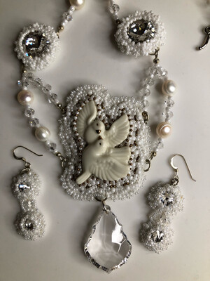 White Doves Bead Embroidery Necklace and Earrings