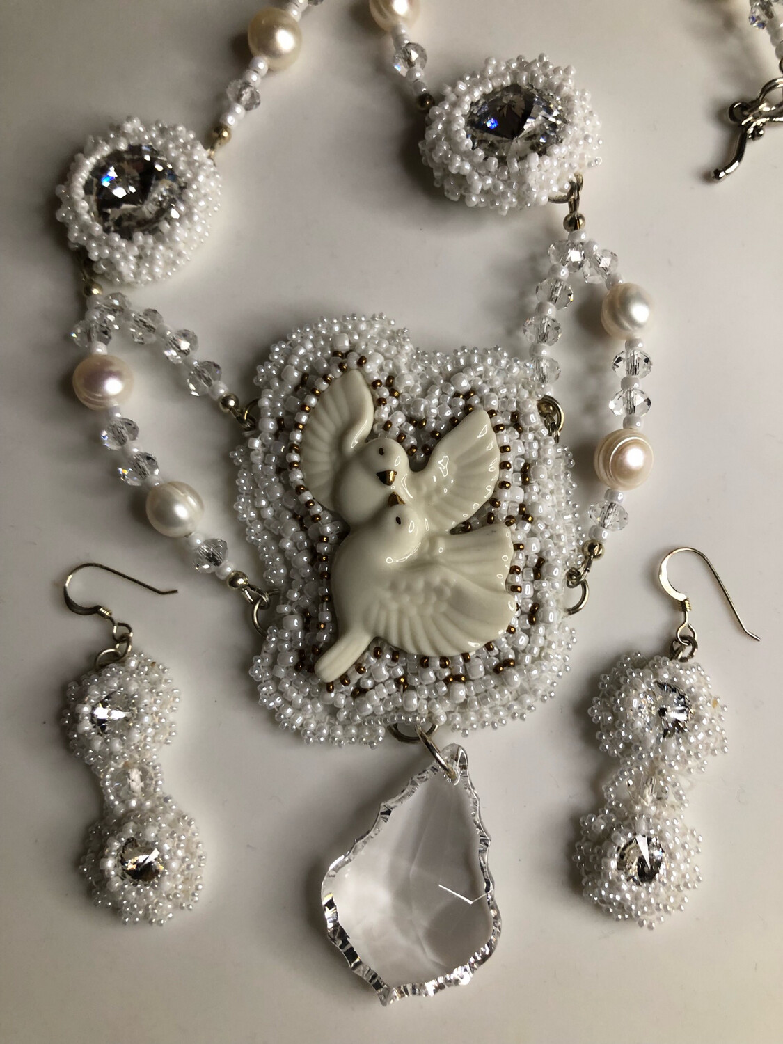 White Doves Bead Embroidery Necklace and Earrings