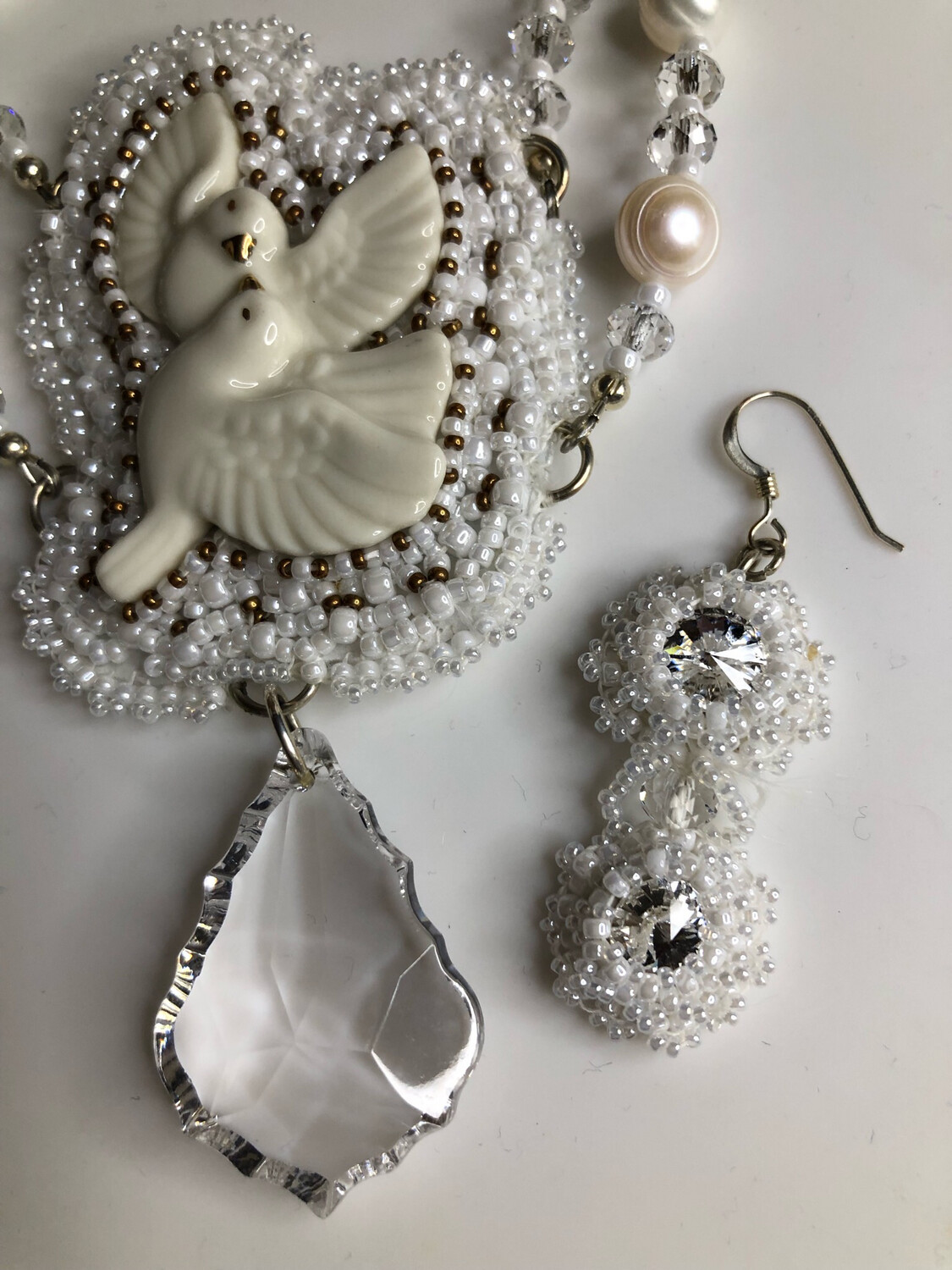 White Doves Bead Embroidery Necklace and Earrings