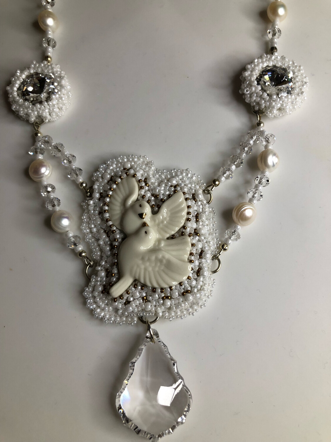 White Doves Bead Embroidery Necklace and Earrings