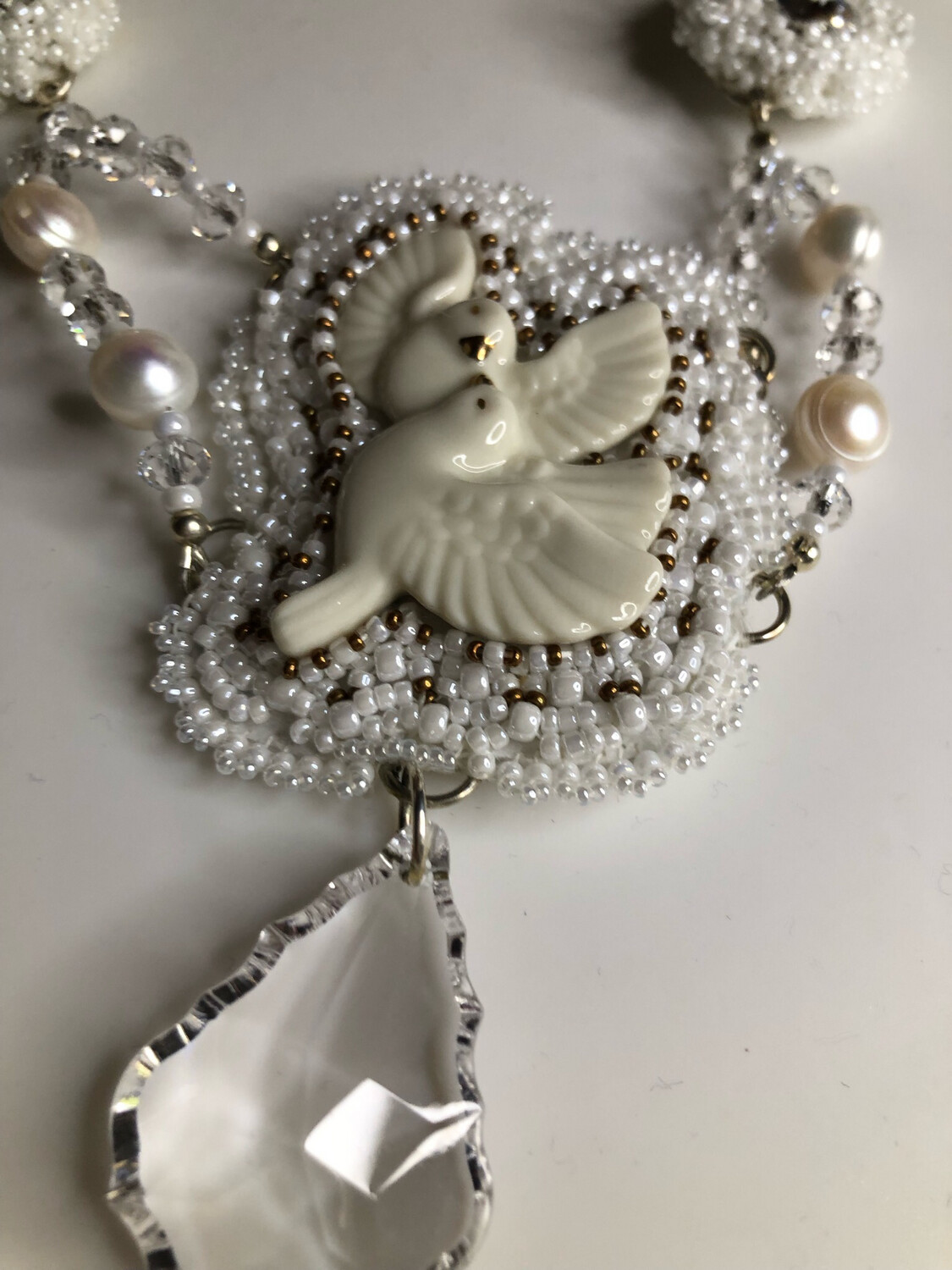White Doves Bead Embroidery Necklace and Earrings