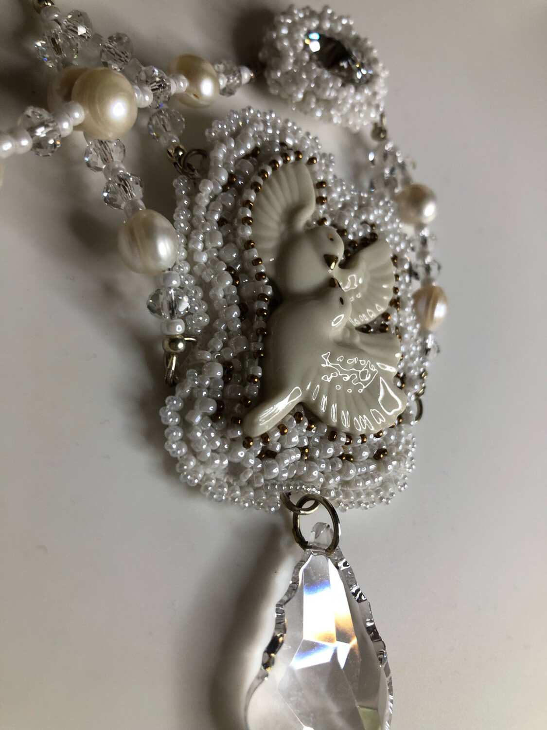 White Doves Bead Embroidery Necklace and Earrings